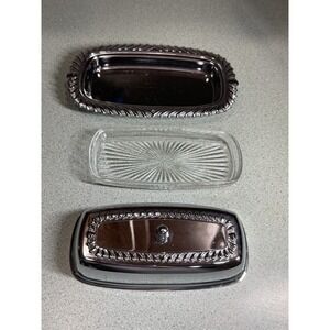 Vintage Silverplate Chrome‎ Butter DishGlass Tray liner Fancy Fine